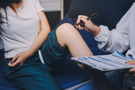 Rehabilitation therapy Professional male physiotherapists working in rehabilitation centers while treating male patients with leg and muscle pain.の写真素材