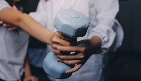 old woman training with physiotherapist using dumbbells at home therapist assisting senior woman with exercises in nursing home elderly patient using dumbbells with outstretched arms no logos no branの写真素材