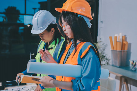 Architects and engineers working collaboratively on construction projectの写真素材