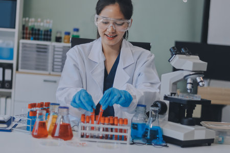 Portrait, science and happy woman on laptop in lab to research chemistry, test or innovation. Microscope, scientist and face of medical doctor in goggles for microbiology, healthcare or pharma studyの写真素材