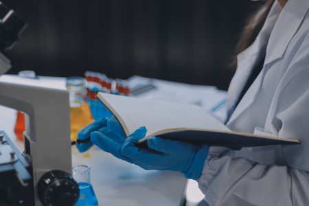 Portrait, science and woman on laptop in lab to research chemistry, test or innovation. Microscope,...