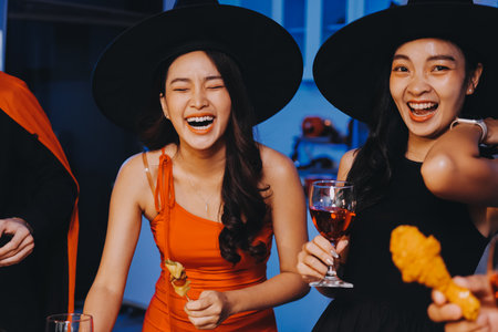 Joyful office Halloween party with coworkers in costumes, celebrating with drinks and laughter, fostering teamwork and festive spiritの写真素材