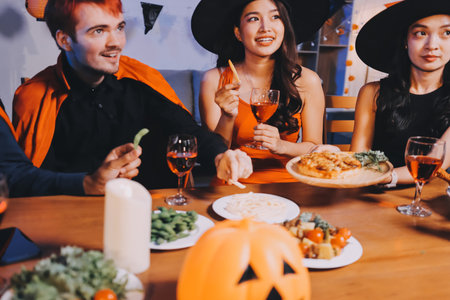 Joyful Halloween party with coworkers in costumes, celebrating with drinks and laughter, fostering teamwork and festive spiritの写真素材