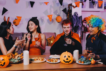 Joyful office Halloween party with coworkers in costumes, celebrating with drinks and laughter, fostering teamwork and festive spiritの写真素材