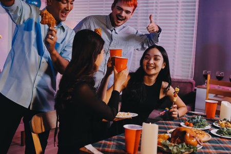 Diversity, dinner and group of people toast celebration together at party. Friends, happy and celebrate with food, wine and friendship for love, support and cheers champagne at business functionの写真素材