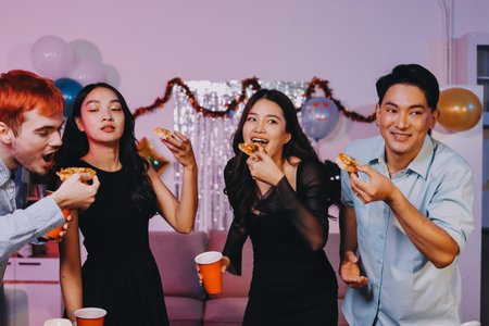 Diversity, dinner and group of people toast celebration together at party. Friends, happy and celebrate with food, wine and friendship for love, support and cheers at business functionの写真素材