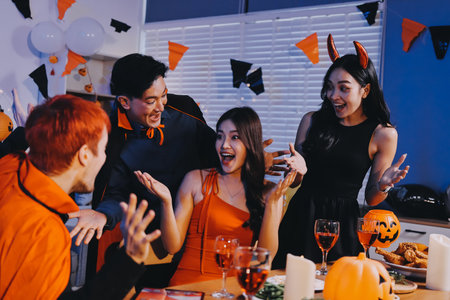 Joyful office Halloween party with coworkers in costumes, celebrating with drinks and laughter, fostering teamwork and festive spiritの写真素材