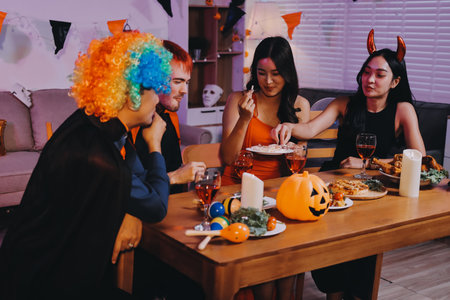 Joyful Halloween party with coworkers in costumes, celebrating with drinks and laughter, fostering teamwork and festive spiritの写真素材