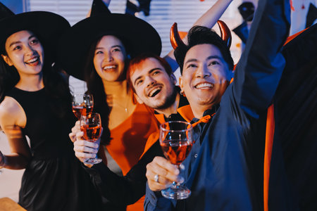 Joyful office Halloween party with coworkers in costumes, celebrating with drinks and laughter, fostering teamwork and festive spiritの写真素材