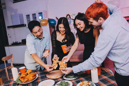 Diversity, dinner and group of people toast celebration together at party. Friends, happy and celebrate with food, wine and friendship for love, support and cheers champagne at business functionの写真素材