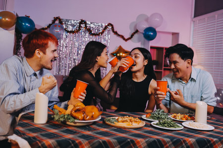 Diversity, dinner and group of people toast celebration together at party. Friends, happy and celebrate with food, wine and friendship for love, support and cheers champagne at business functionの写真素材