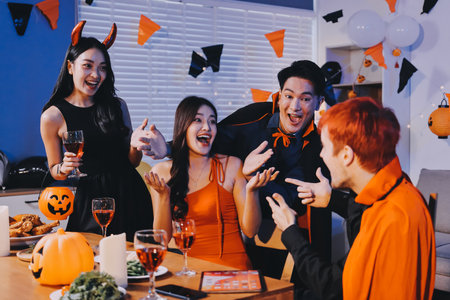Joyful office Halloween party with coworkers in costumes, celebrating with drinks and laughter, fostering teamwork and festive spiritの写真素材