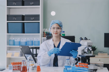Portrait, science and happy woman on laptop in lab to research chemistry, test or innovation....