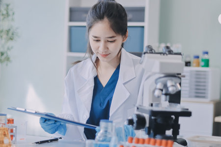 Portrait, science and happy woman on laptop in lab to research chemistry, test or innovation. Microscope, scientist and face of medical doctor in goggles for microbiology, healthcare or pharma studyの写真素材