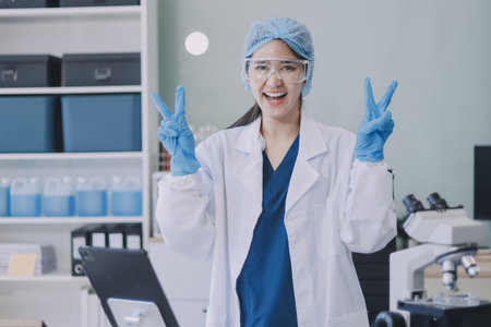 Portrait, science and happy woman on laptop in lab to research chemistry, test or innovation....