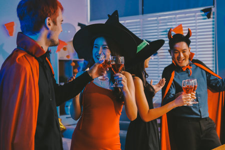 Joyful office Halloween party with coworkers in costumes, celebrating with drinks and laughter, fostering teamwork and festive spiritの写真素材