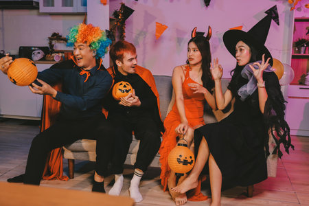 Joyful Halloween party with coworkers in costumes, celebrating with drinks and laughter, fostering teamwork and festive spiritの写真素材