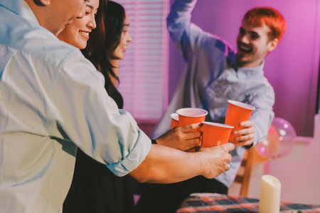 Diversity, dinner and group of people toast celebration together at party. Friends, happy and celebrate with food, wine and friendship for love, support and cheers champagne at business functionの写真素材