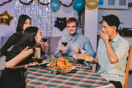 Diversity, dinner and group of people toast celebration together at party. Friends, happy and celebrate with food, wine and friendship for love, support and cheers champagne at business functionの写真素材