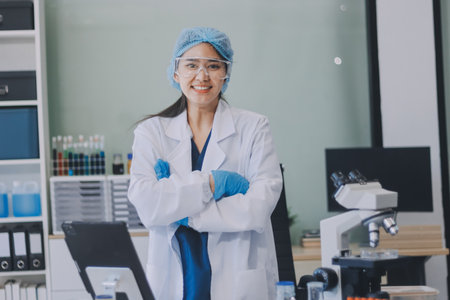 Portrait, science and happy woman on laptop in lab to research chemistry, test or innovation. Microscope, scientist and face of medical doctor in goggles for microbiology, healthcare or pharma studyの写真素材