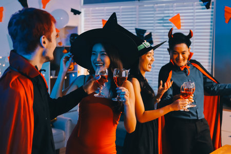 Joyful Halloween party with coworkers in costumes, celebrating with drinks and laughter, fostering teamwork and festive spiritの写真素材