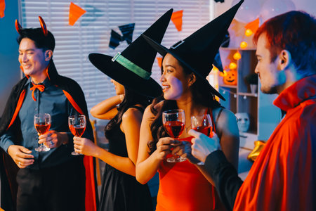 Joyful office Halloween party with coworkers in costumes, celebrating with drinks and laughter, fostering teamwork and festive spiritの写真素材