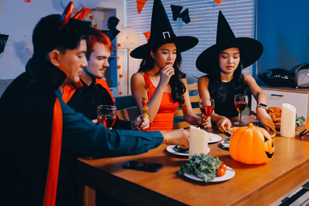 Joyful Halloween party with coworkers in costumes, celebrating with drinks and laughter, fostering teamwork and festive spiritの写真素材