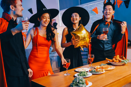 Joyful office Halloween party with coworkers in costumes, celebrating with drinks and laughter, fostering teamwork and festive spiritの写真素材