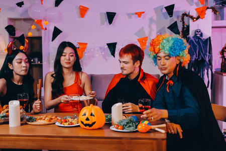 Joyful Halloween party with coworkers in costumes, celebrating with drinks and laughter, fostering teamwork and festive spiritの写真素材
