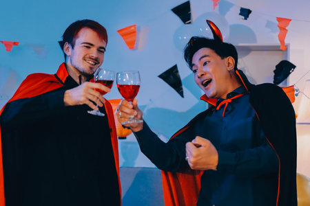 Joyful office Halloween party with coworkers in costumes, celebrating with drinks and laughter, fostering teamwork and festive spiritの写真素材