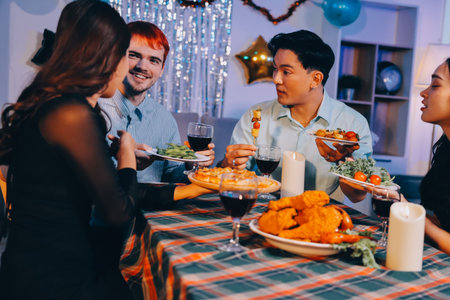 Diversity, dinner and group of people toast celebration together at party. Friends, happy and celebrate with food, wine and friendship for love, support and cheers champagne at business functionの写真素材