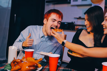 Diversity, dinner and group of people toast celebration together at party. Friends, happy and celebrate with food, wine and friendship for love, support and cheers champagne at business functionの写真素材