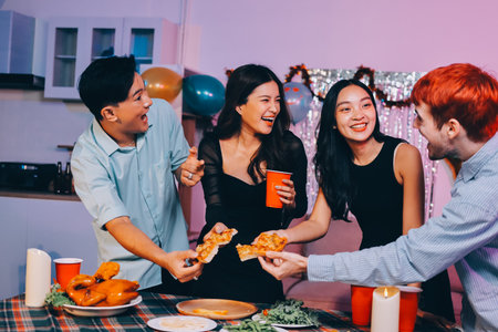 Diversity, dinner and group of people toast celebration together at party. Friends, happy and celebrate with food, wine and friendship for love, support and cheers champagne at business functionの写真素材