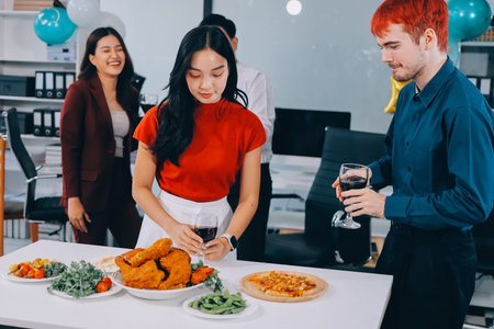Diversity, dinner and group of people toast celebration together at party. Friends, happy and celebrate with food, wine and friendship for love, support and cheers champagne at business functionの写真素材