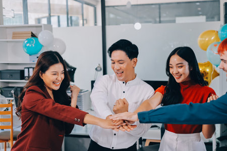 Diversity, group of people toast celebration together at party. Friends, happy and celebrate with food, wine and friendship for love, support and cheers champagne at business functionの写真素材