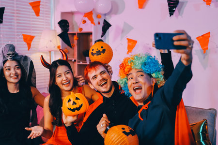 Joyful Halloween party with coworkers in costumes, celebrating with drinks and laughter, fostering teamwork and festive spiritの写真素材