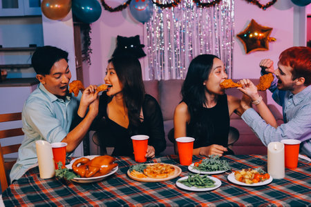 Diversity, dinner and group of people toast celebration together at party. Friends, happy and celebrate with food, wine and friendship for love, support and cheers champagne at business functionの写真素材