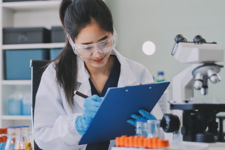 Portrait, science and happy woman on laptop in lab to research chemistry, test or innovation. Microscope, scientist and face of medical doctor in goggles for microbiology, healthcare or pharma studyの写真素材