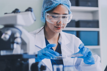 Portrait, science and happy woman on laptop in lab to research chemistry, test or innovation....