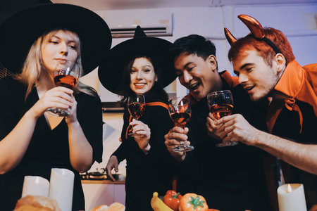 Friends enjoying a Halloween party making a toast
