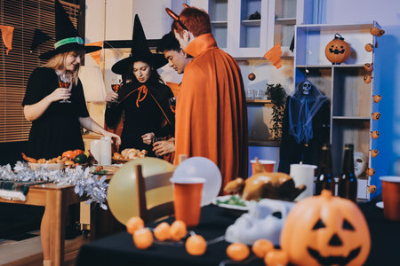 Friends enjoying a Halloween party making a toastの写真素材