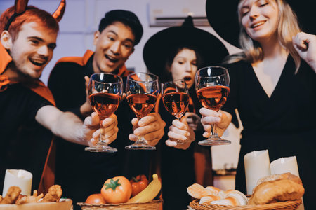 Friends enjoying a Halloween party at a bar making a toastの写真素材