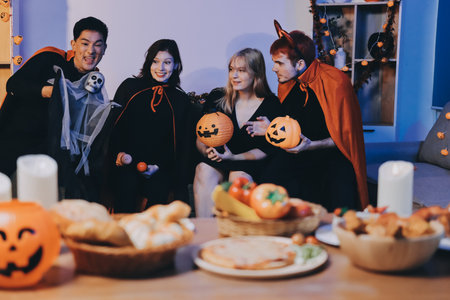Friends enjoying a Halloween party making a toastの写真素材