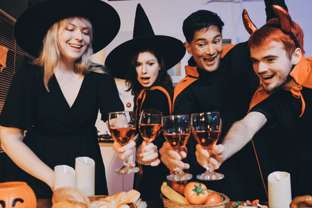 Friends enjoying a Halloween party at a bar making a toastの写真素材