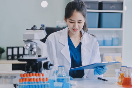 Portrait, science and happy woman on laptop in lab to research chemistry, test or innovation. Microscope, scientist and face of medical doctor in goggles for microbiology, healthcare or pharma studyの写真素材