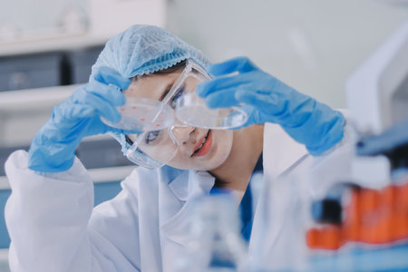 Portrait, science and happy woman on laptop in lab to research chemistry, test or innovation. Microscope, scientist and face of medical doctor in goggles for microbiology, healthcare or pharma studyの写真素材