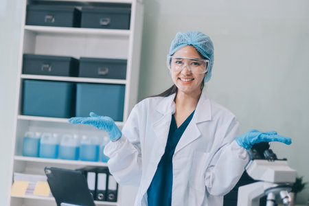 Portrait, science and happy woman on laptop in lab to research chemistry, test or innovation....
