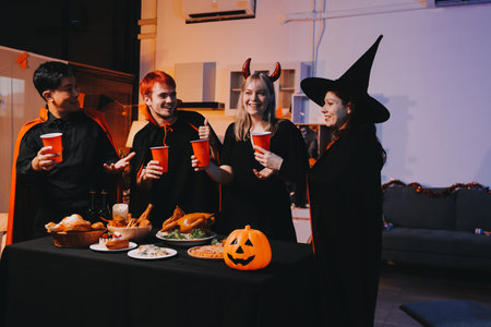 Friends enjoying a Halloween party at a bar making a toastの写真素材