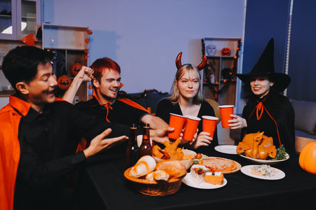 Friends enjoying a Halloween party making a toast