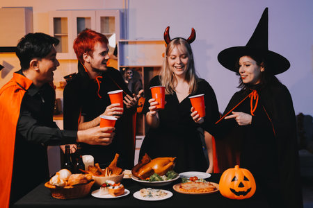 Friends enjoying a Halloween party at a bar making a toastの写真素材